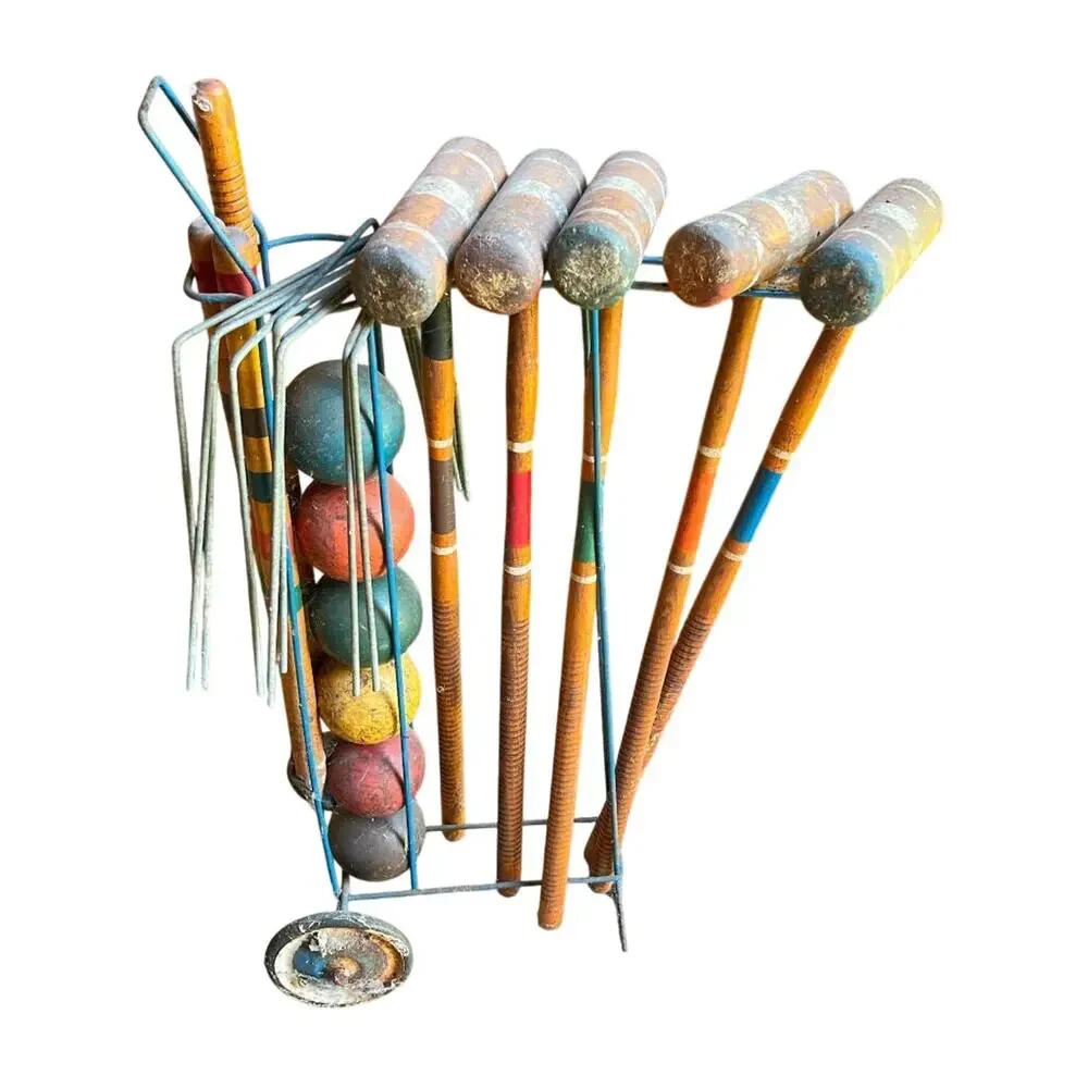 Vintage Mid-Century 6-Player Wooden Croquet Set with Rolling Metal Wire Caddy